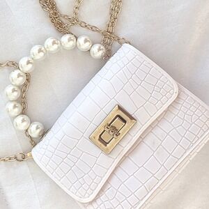 White plastic Crocodile Embossed Mini Bag Pearl Handle Gold Clasp Chain Strap